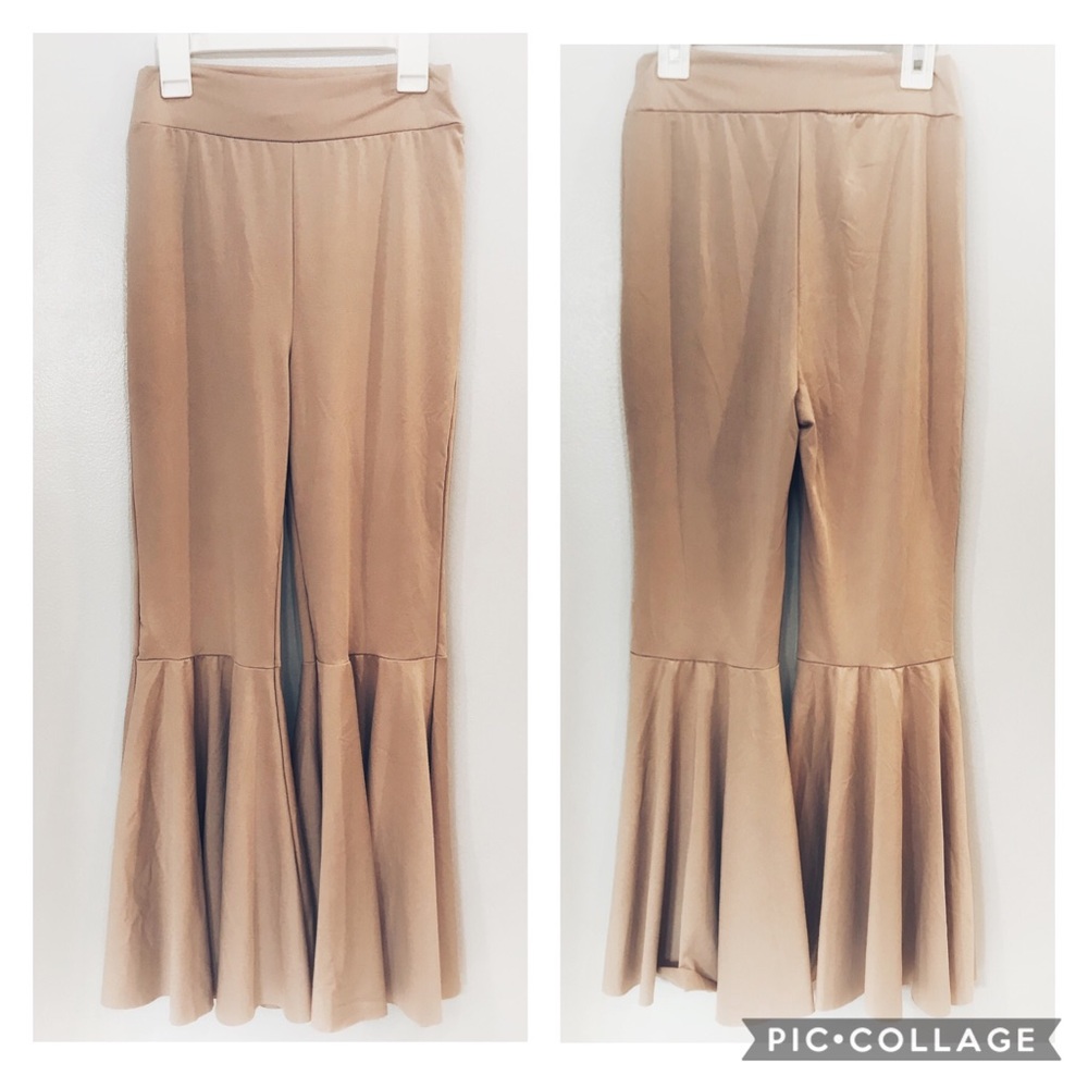 Pink stretch flare leg ruffle pants